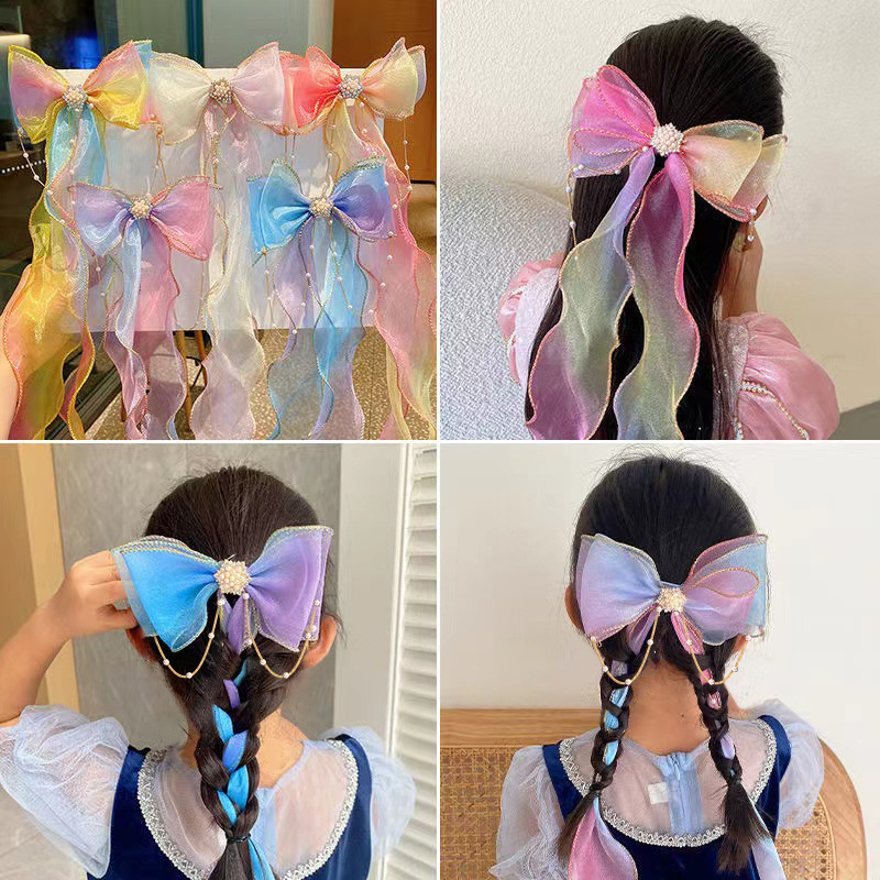 gradient lace texture bow braided pearl chain tassel hairpin children hairpin hair accessories wholesale spot