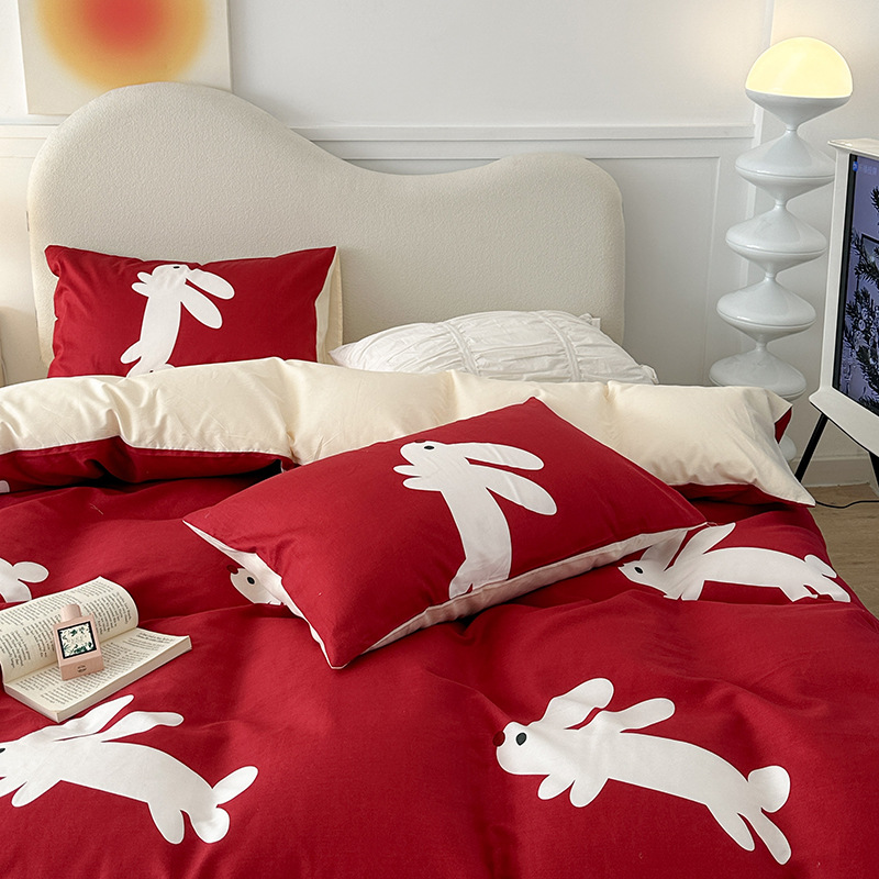 兔年红色本命年全棉四件套 纯棉床上用品床单被套新年礼物