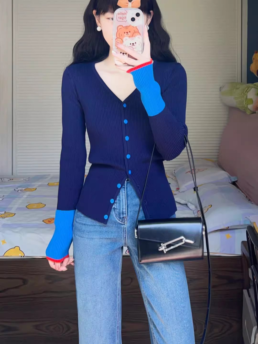 蓝色v领撞色拼接长袖针织开衫外套女秋季短款修身内搭打底衫上衣