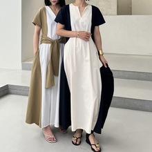 韩国chic法式小众撞色V领设计感系带宽松短袖连衣裙 2色