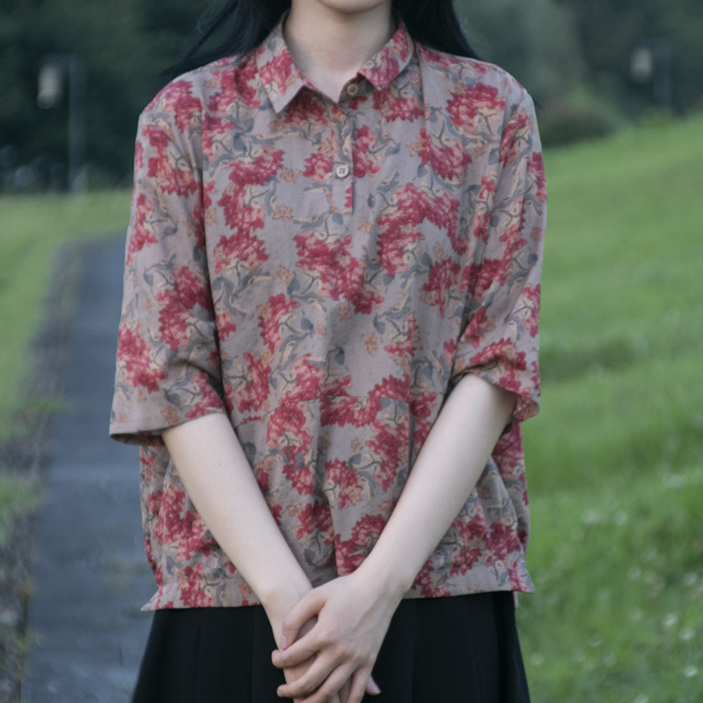 实拍2024夏季新款女装蔳款印花棉麻上衣中袖套头衬衫中老年上衣女