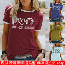 夏季女装ETSY亚马逊peace love sunshine太阳宽松圆领T恤短袖