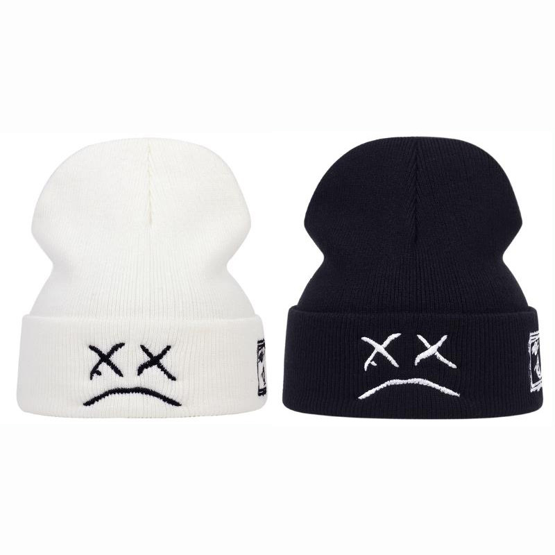 Cross-Border Autumn and Winter Lilpeep Embroidery Knitted Hat Sad Face Expression Xx Crying Face Funny Men and Women Sleeve Cap