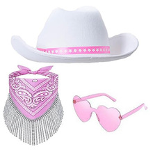 亚马逊白色牛仔帽芭比娃娃同款粉色五角星丝带仿水钻方巾眼镜套装