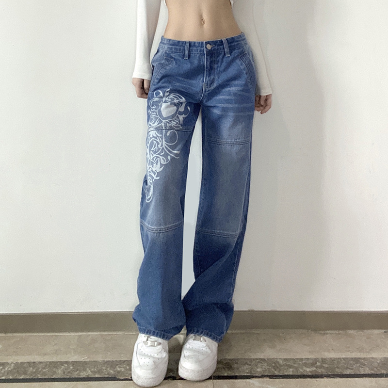   European and American Denim Women's Pants Trendy New Print oose Wide-eg Women's Jeans Amazon AliExpress Popular