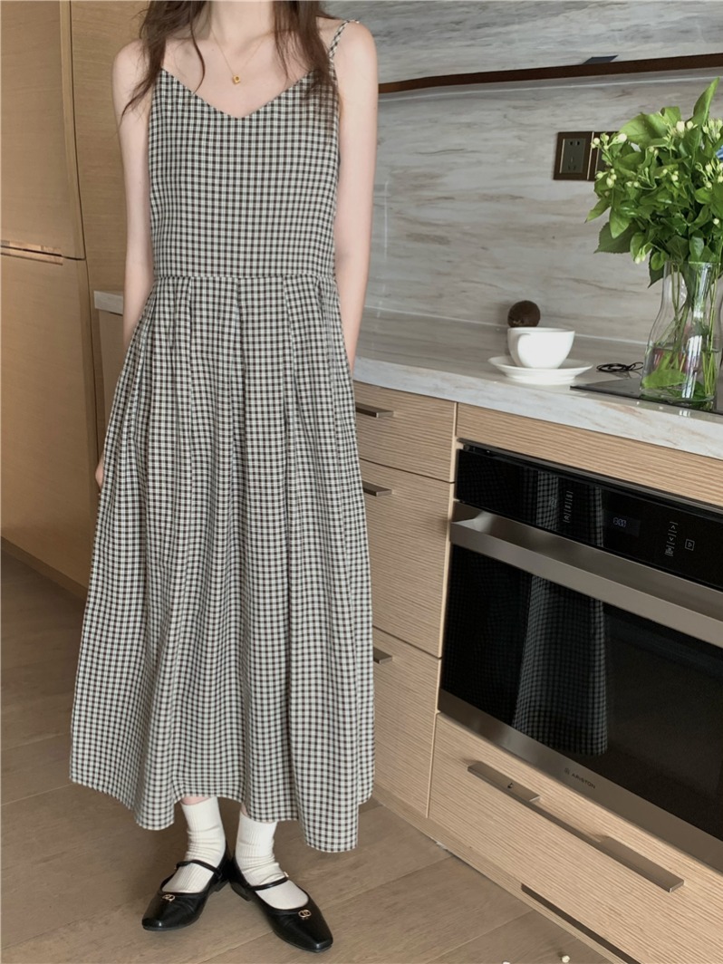 夏季女韩系复古格子裙宽松吊带长裙子短袖宽松翻领西装外套两件套