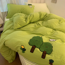 绿色发财树毛巾绣被套四件套水洗棉床单床笠宿舍三件套非新品新品
