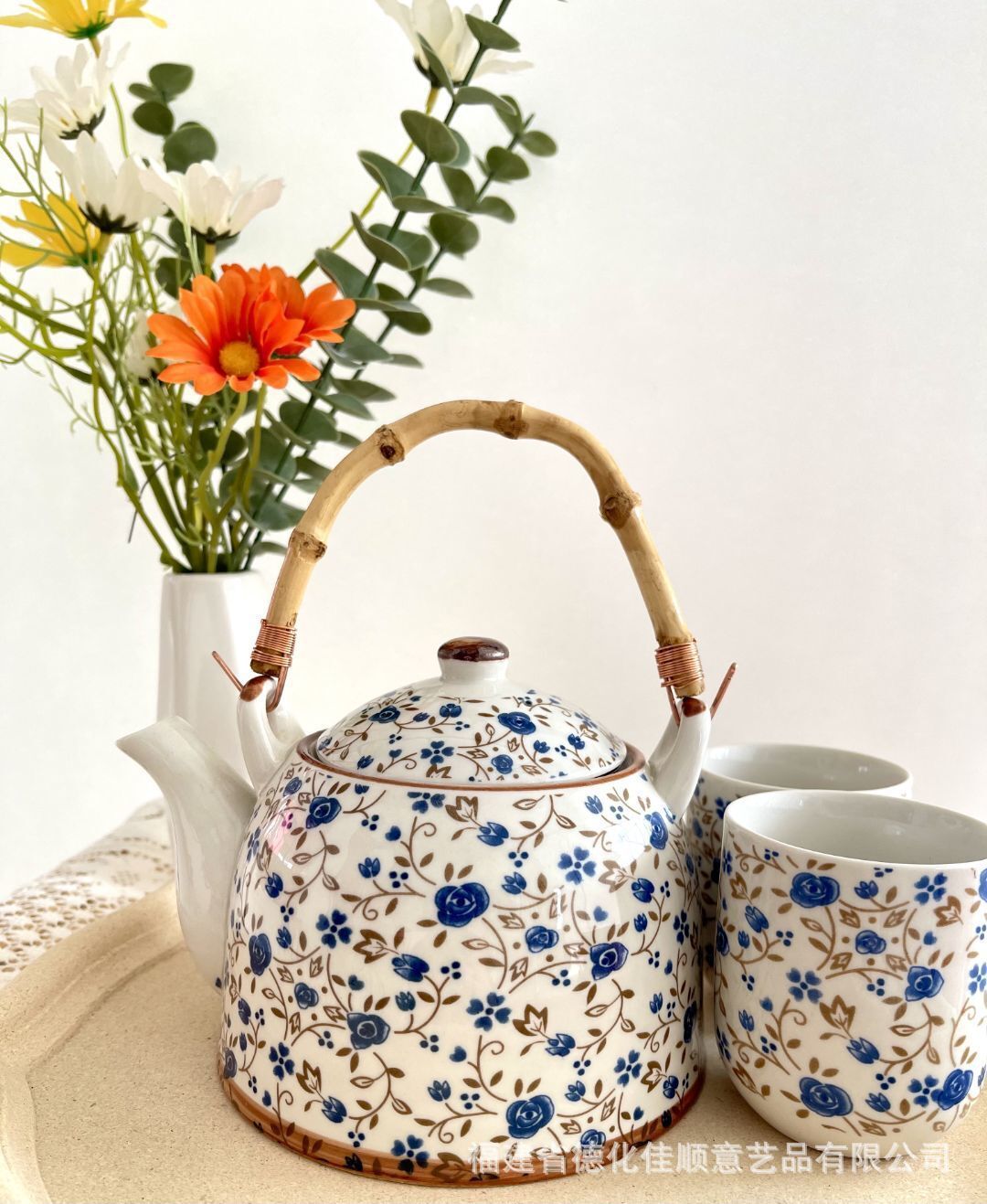 Cross-Border Floral Loop-Handled Teapot Single Teapot Ceramic Large Capacity Tea Set Teapot with Filter Coffee Household Tea Set