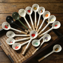 批发日式网红小汤勺家用创意粗陶手绘陶瓷调羮饭勺甜品勺喝粥勺