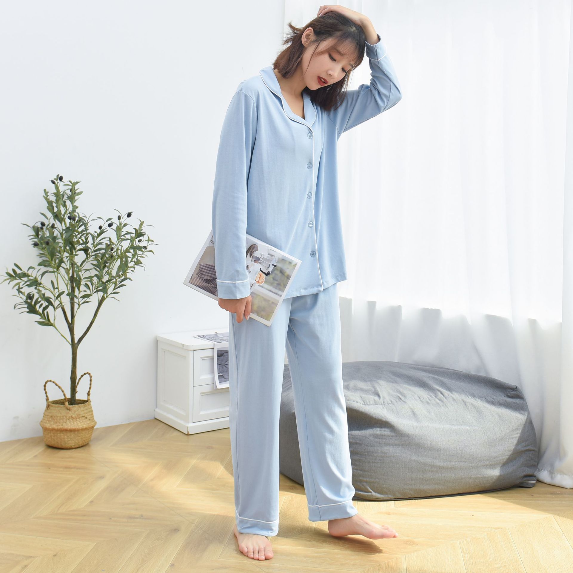 ai幕v领时尚家居服春秋长袖长裤女士家居服睡衣套装