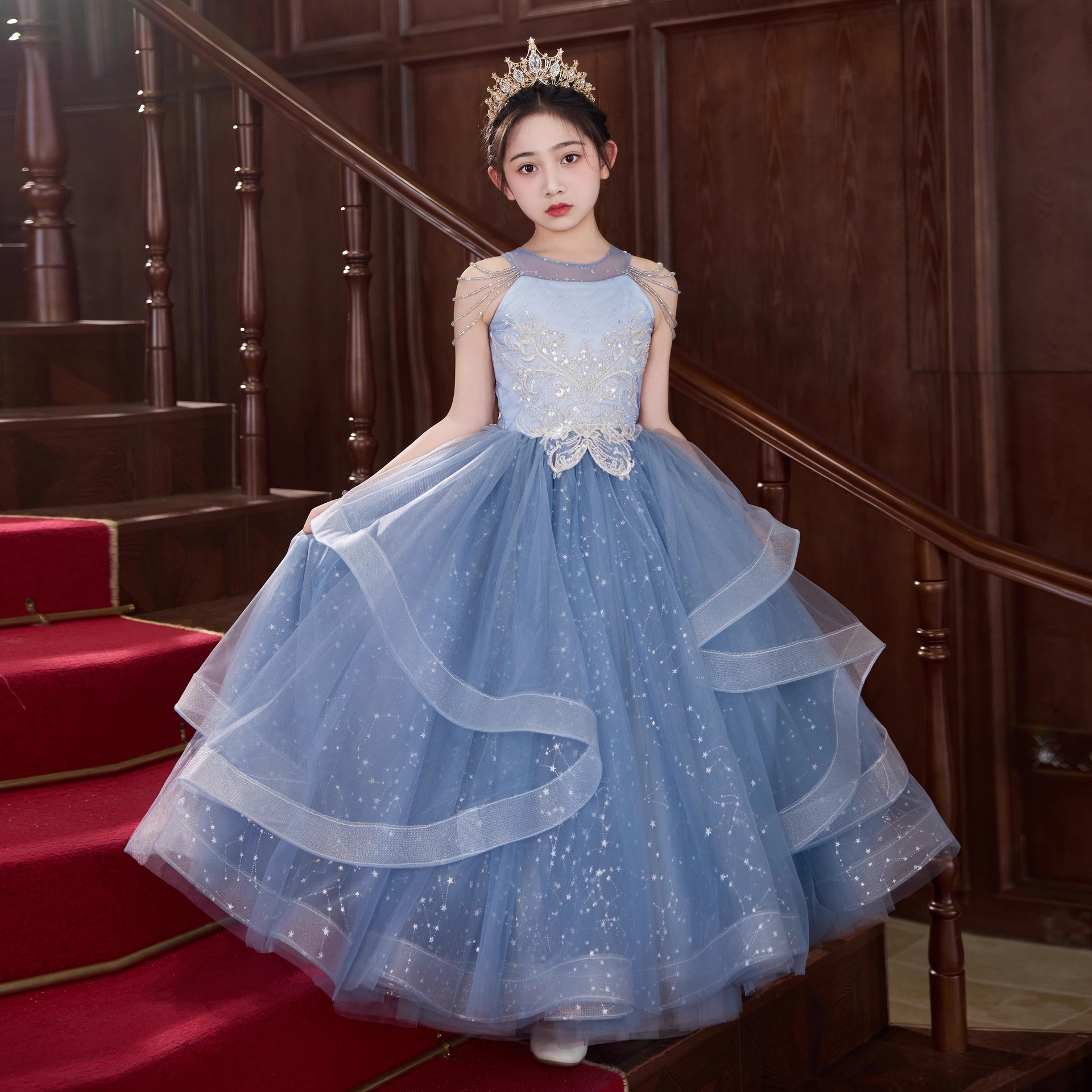 蓝色女童晚礼服大童女孩生日公主裙儿童高端主持人钢琴演奏演出服