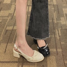 包头凉鞋女秋仙女风2024年新款韩版法式拼色单鞋女粗跟通勤高跟鞋