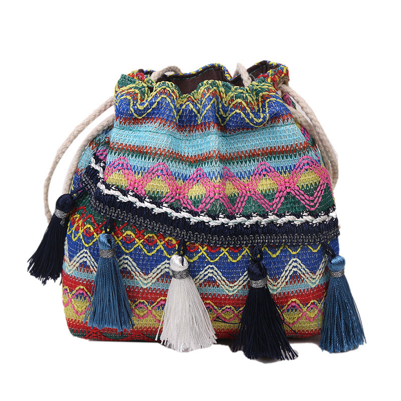 Drawstring Contrast Color Small Bags Women's Bag 2023 New Fashion Tassel Bucket Bag Ethnic Style Shoulder Messenger Bag