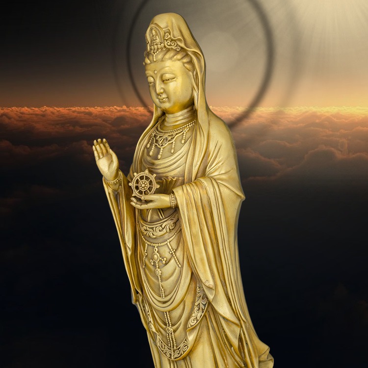 南海观音菩萨站像普陀山同款立莲观音佛像家用观世音黄铜摆件钦昊