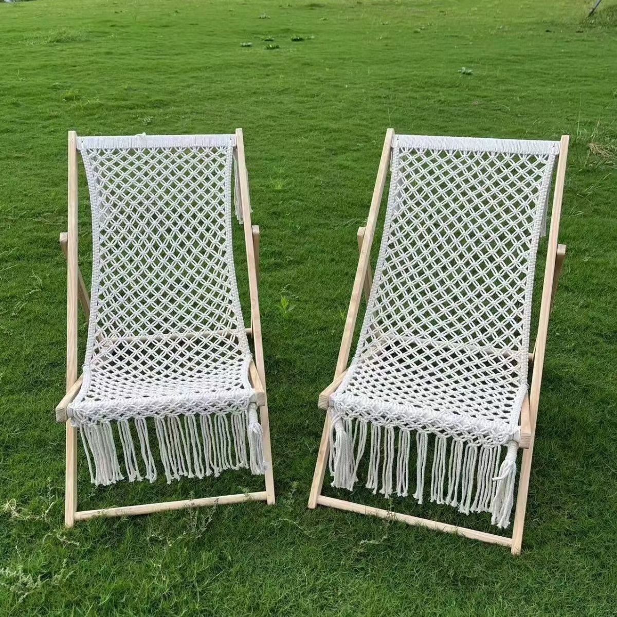 户外露营折叠椅手工编织棉绳欧式松木躺椅可拆洗客厅午休流苏躺