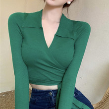 2023新款辣妹设计感V领针织polo衫女秋冬腰间交叉绑带打底衫白色