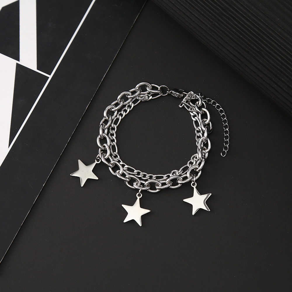 INS Style Sweet Cool Five-Pointed Star Small Flower Titanium Steel Bracelet Double Layer Twin Pendant Bracelet Niche Couple Bracelet Wholesale