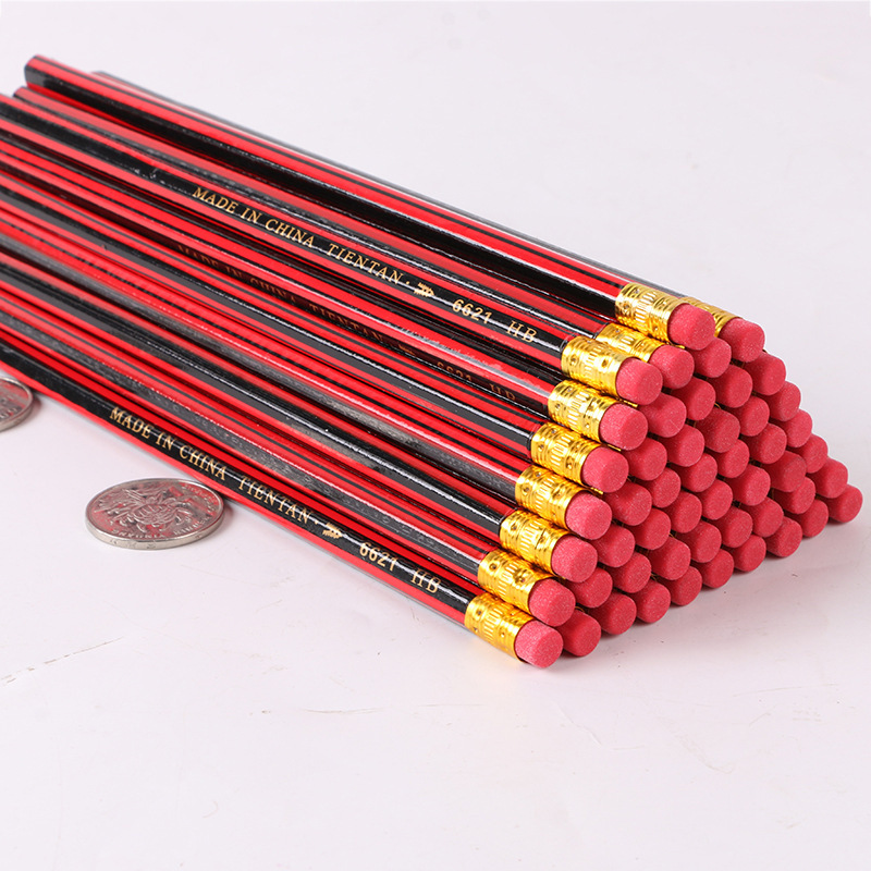 红黑抽条红杆儿童hb铅笔 经典套膜红色绘画素描木质铅笔单支价
