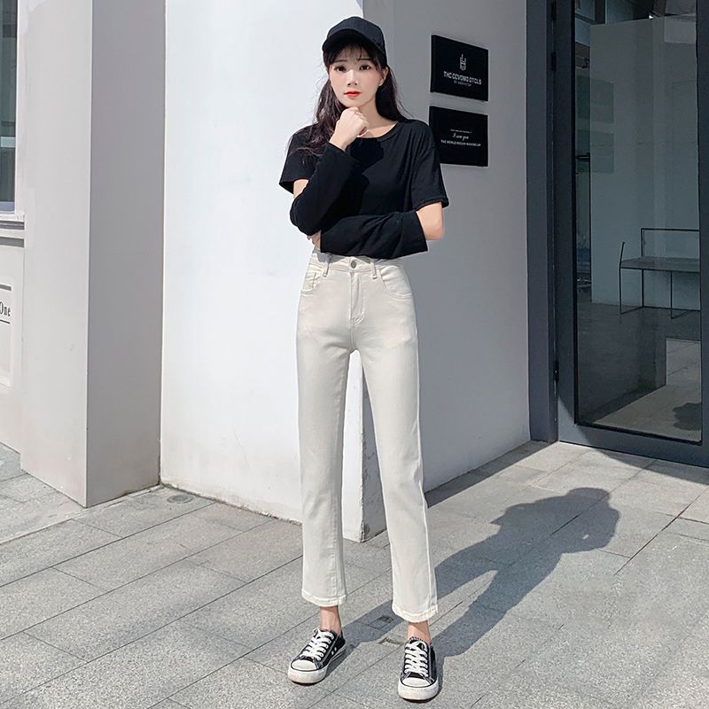 2020春秋夏季薄款米白色直筒牛仔裤女九分裤弹力显瘦高腰八分裤女