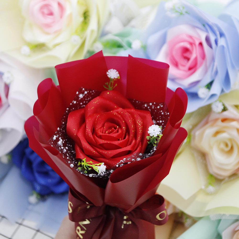 手工玫瑰花束材料单支丝带diy制作七夕节礼物碎冰蓝玫瑰编织花束