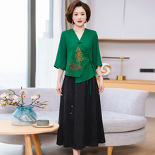 新中式国风复古中老年妈妈夏季新款两件套裙时尚盘扣衬衫两件套裙