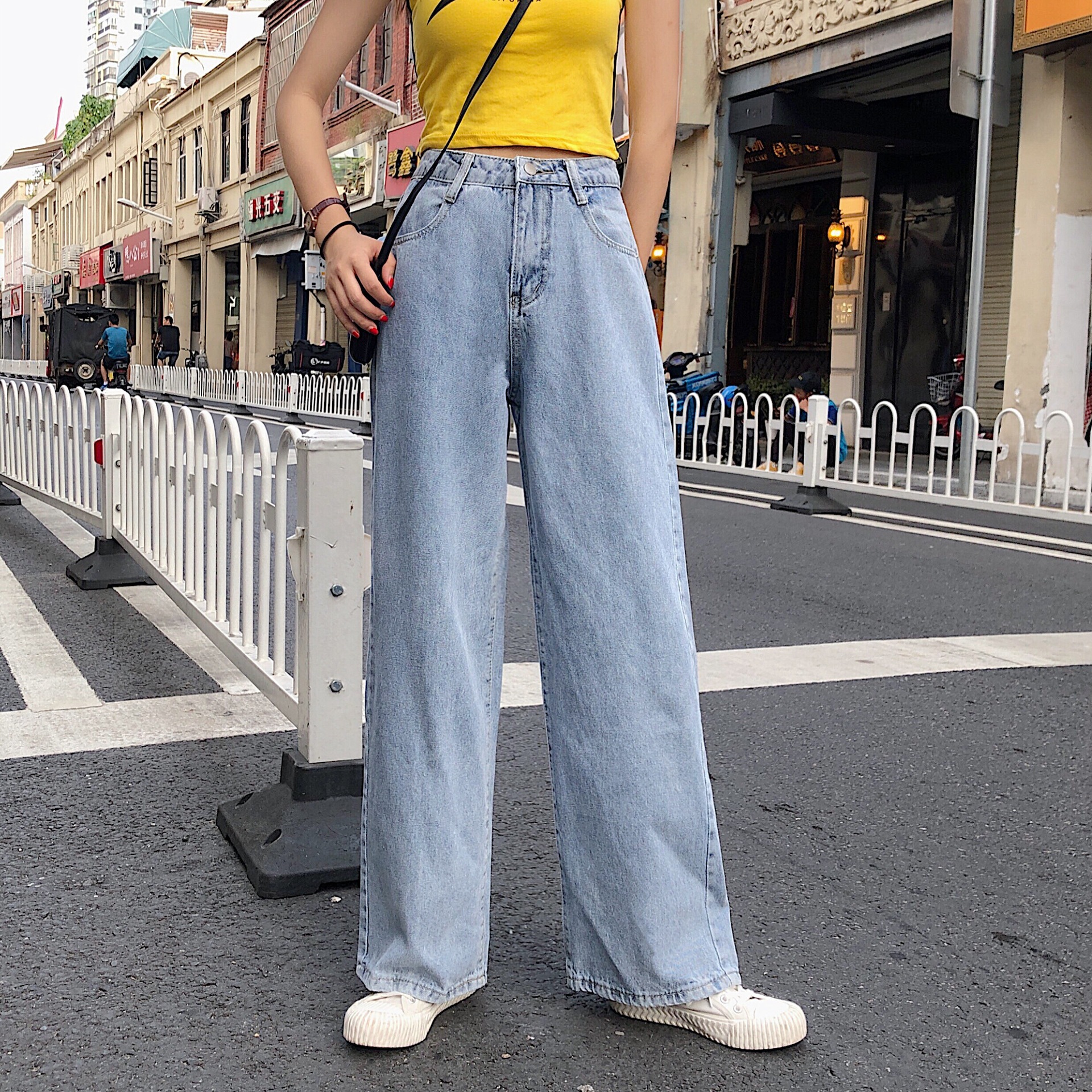 2022 Summer New Jeans Women's Korean-Style High Waist Slimming Washed Ins All-Matching Wide Leg Student Mop Trousers