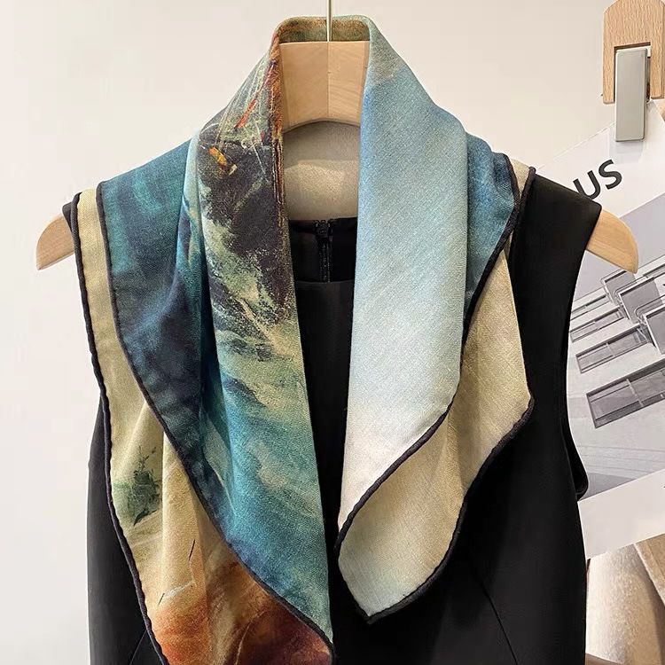 Oil Painting Hazy Decorative Advanced Silk Scarf Women‘s Double-Sided Two-Color Light Luxury Silk Fur Scarf Warm Scarf to Give Mom