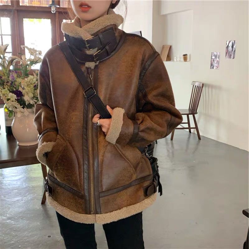 Suede Coat Lamb Wool Women's Winter Thickened Motorcycle Clothing Loose Lapel Fur Integrated Zipper Jacket Women's Top