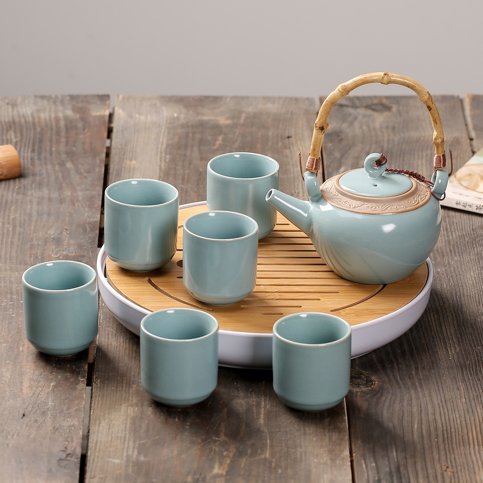 中式汝窑提梁壶茶具套装大号茶壶简约干泡茶盘办公客厅6只装茶杯
