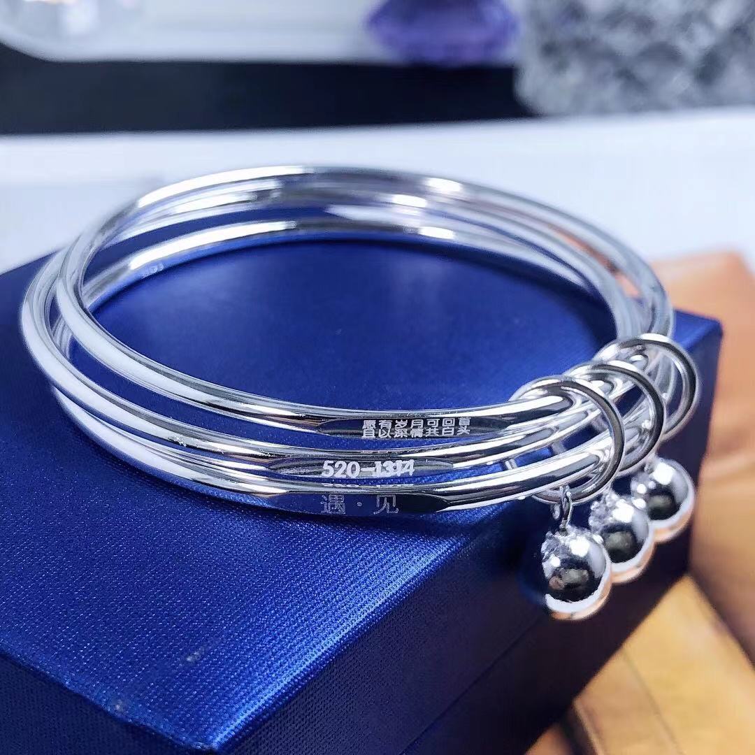 999银手镯三生三世闭口银手镯三环铃铛七夕送女友节日礼物