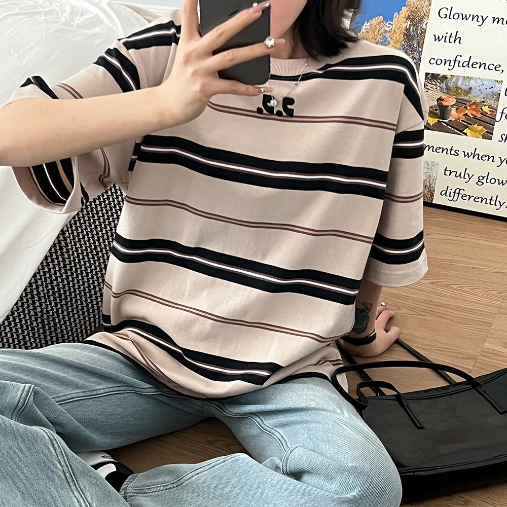 韩国小众潮牌rr字母短袖t恤女ins条纹撞色休闲宽松情侣款圆领上衣