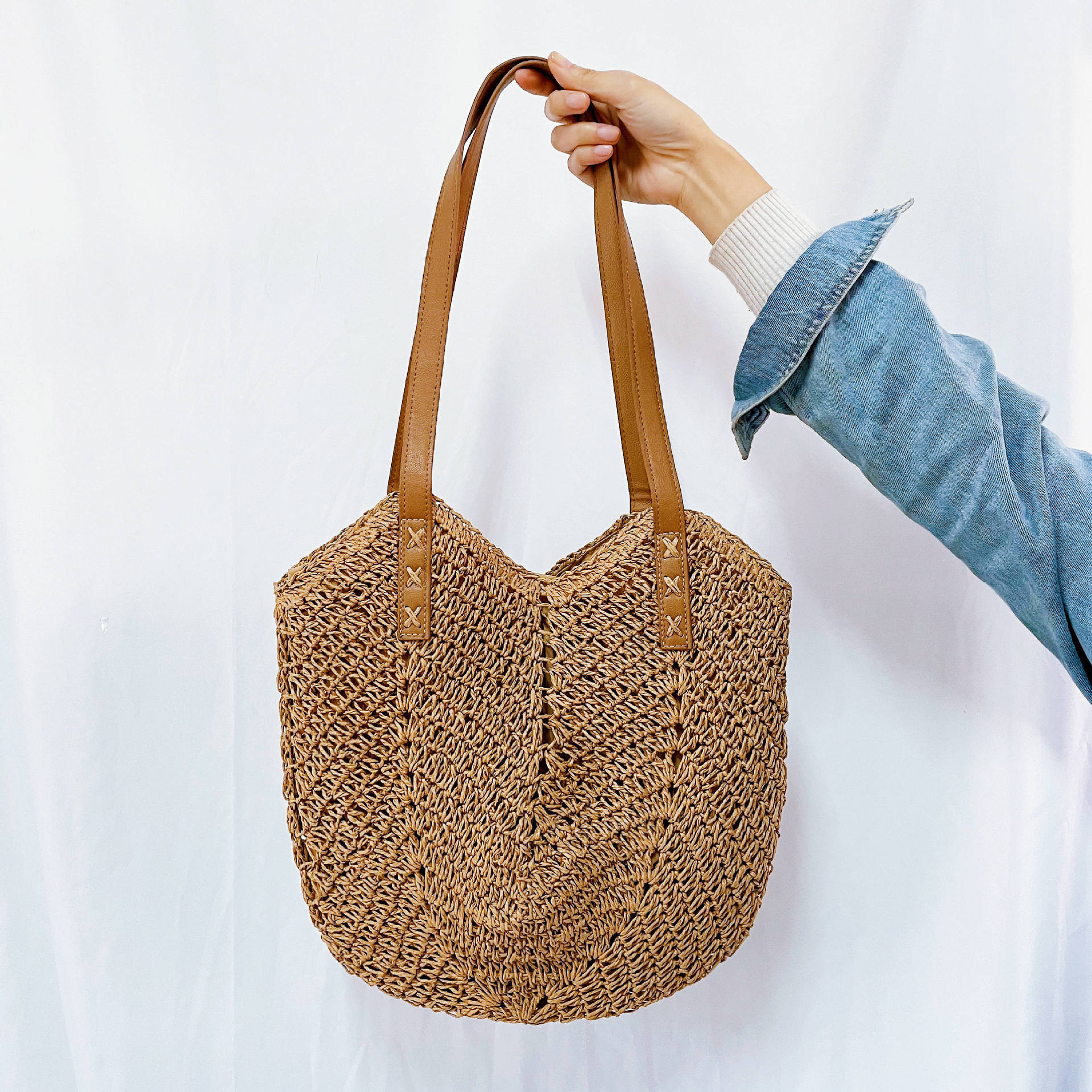 New Hand-Woven Bag Fashion Women Shoulder Bag Straw Bag Paper String Vacation Beach Bag Shoulder Back