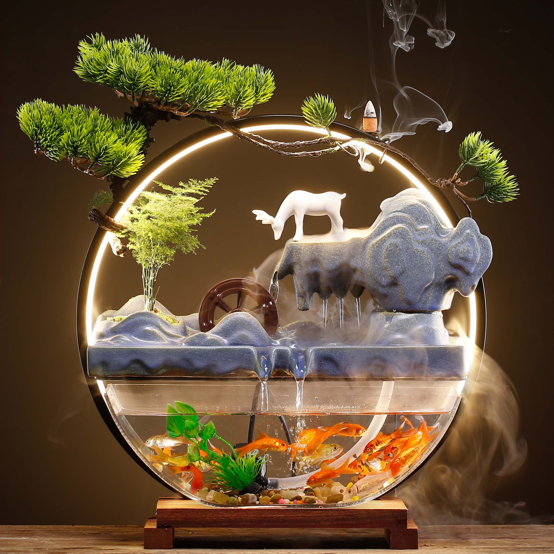 新中式发光流水招财陶瓷摆件创意鱼缸家居软装客厅玄关造景装饰品