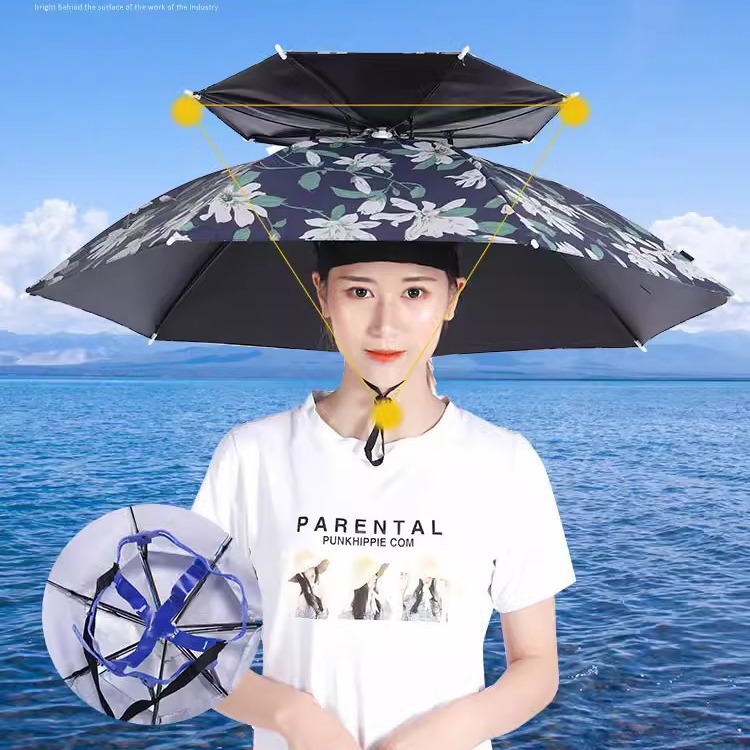 钓鱼伞帽头戴伞折叠头户外晒遮阳大号双层帽子雨伞便携防雨双手