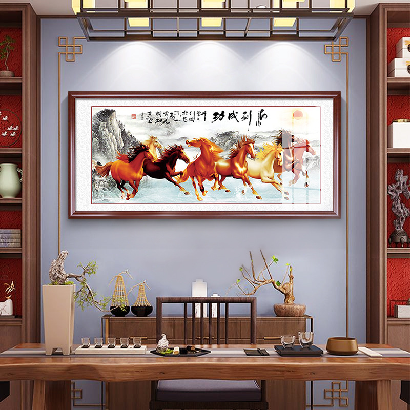 马到成功挂画八骏图客厅装饰画骏马图国画水墨画办公室背景墙壁画