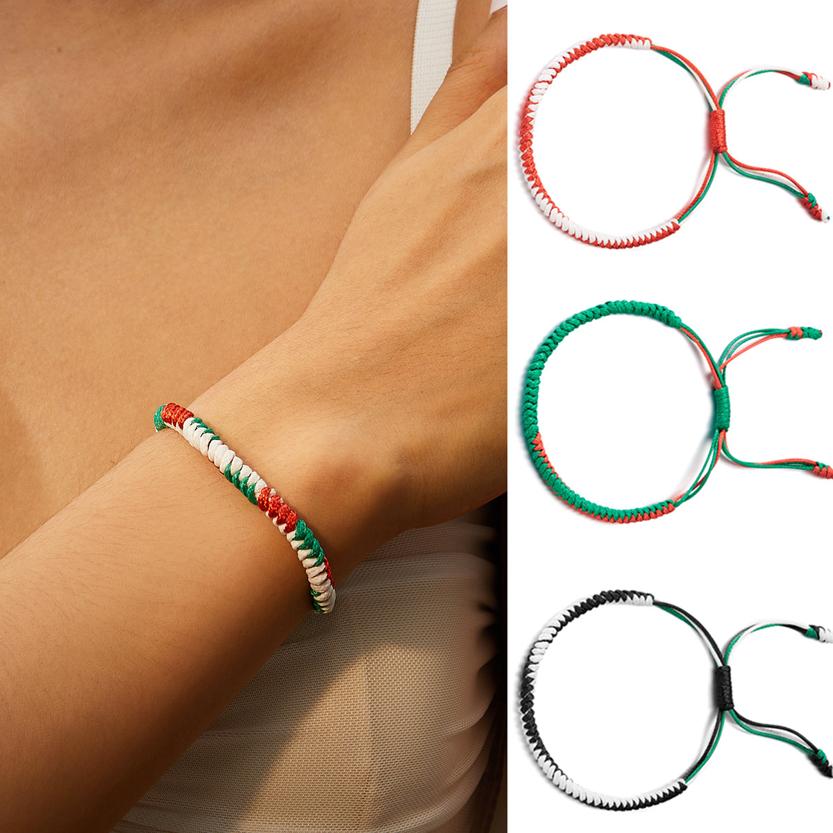 欧美跨境新款圣诞节红绿配色彩绳手工编织手链百搭民族风情侣手链