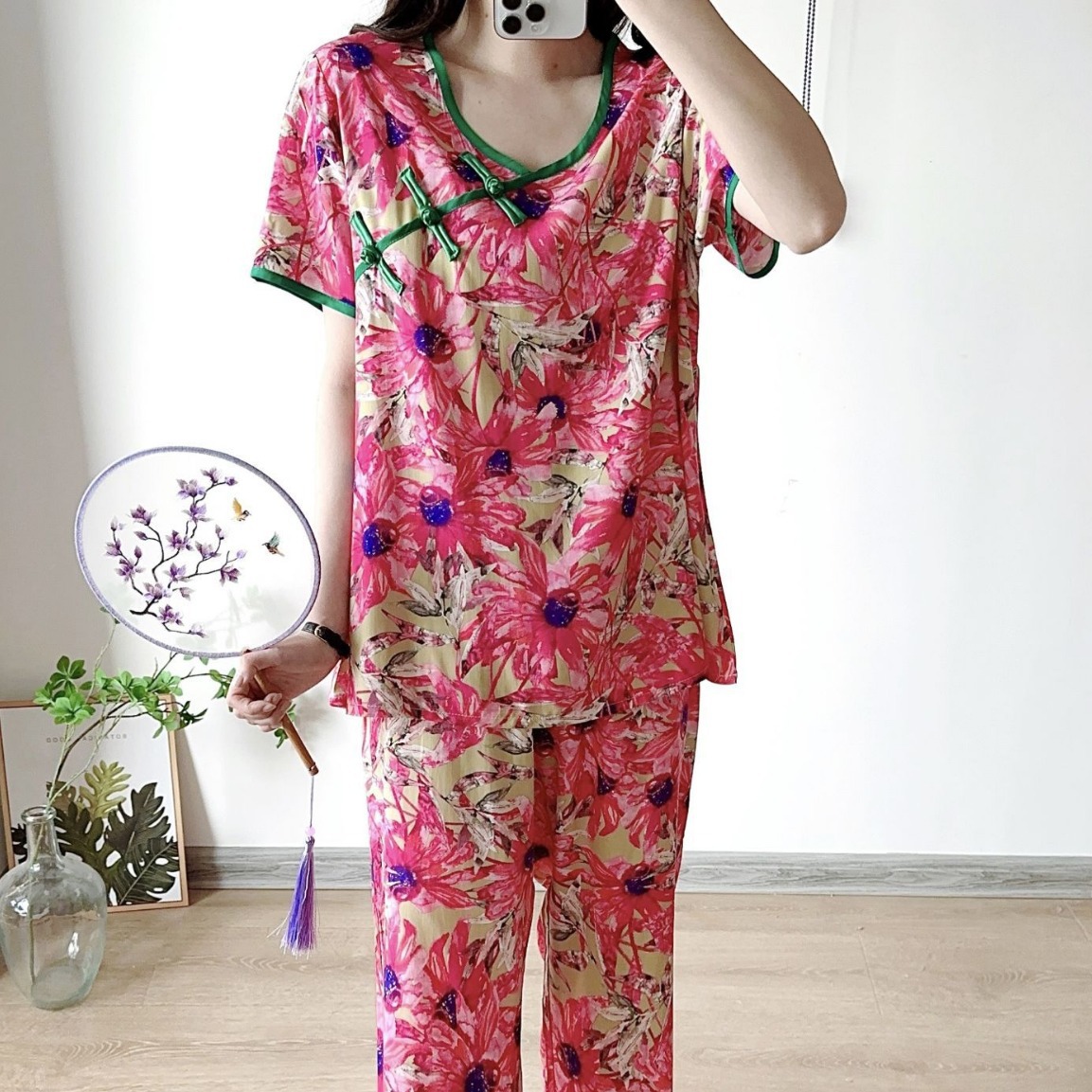 棉绸唐装短袖t恤长裤睡衣套装女夏季薄款大码人造棉家居服套装