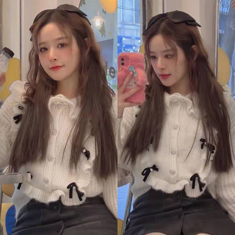 徐珍珍同款2022春季新款荷叶边时尚毛衣设计感小众蝴蝶结针织上衣