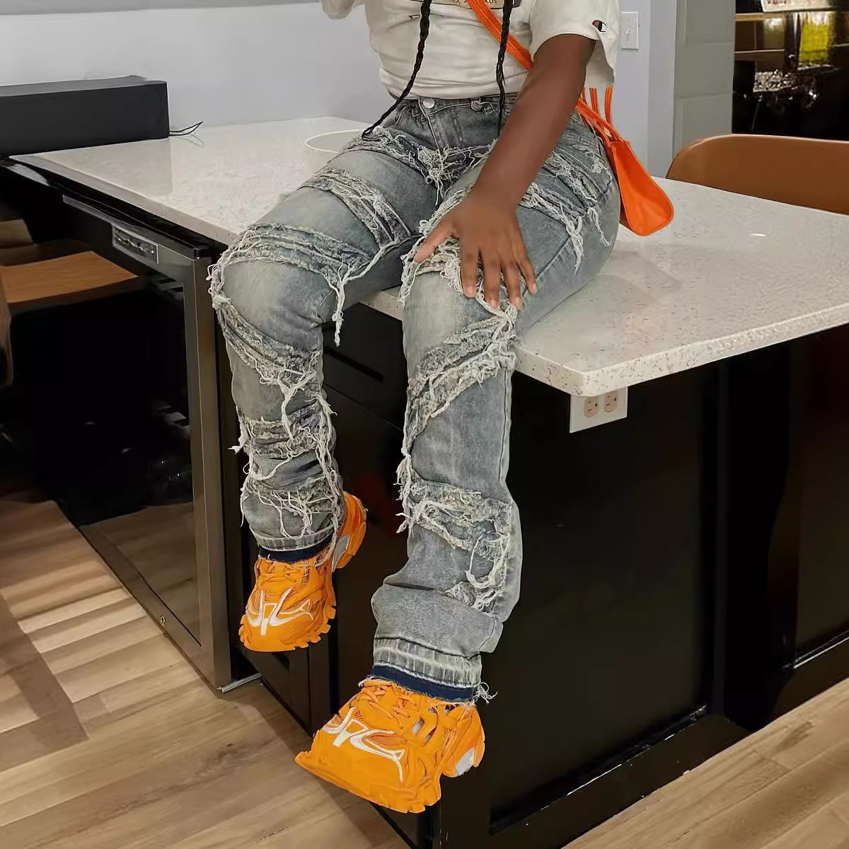 S6956跨境2024夏季新款牛仔叠层破洞水洗直筒流苏时尚休闲牛仔裤