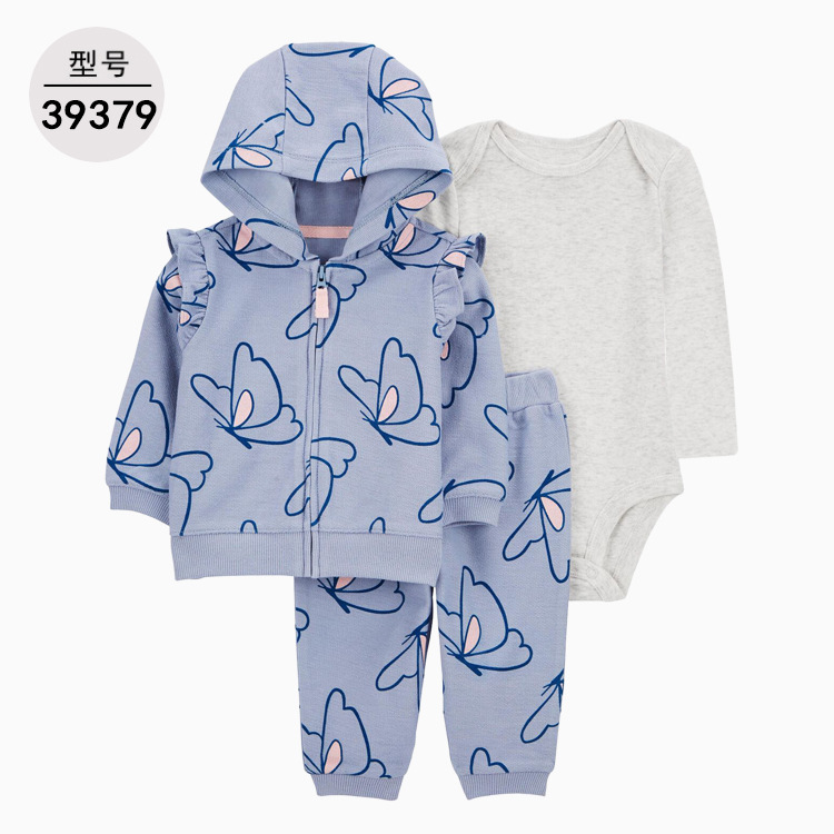 Spring and Autumn European and American Fashion Male and Female Baby Foreign Trade Hooded Long Sleeve Coat Onesie Three-Piece Suit One Piece Dropshipping