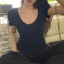 韩版白色百搭U领短袖T恤女装夏季内搭修身时尚正肩打底衫黑色上衣