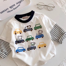 男童假两件长袖T恤 日系秋季新款儿童宝宝小汽车卡通洋气棉上衣