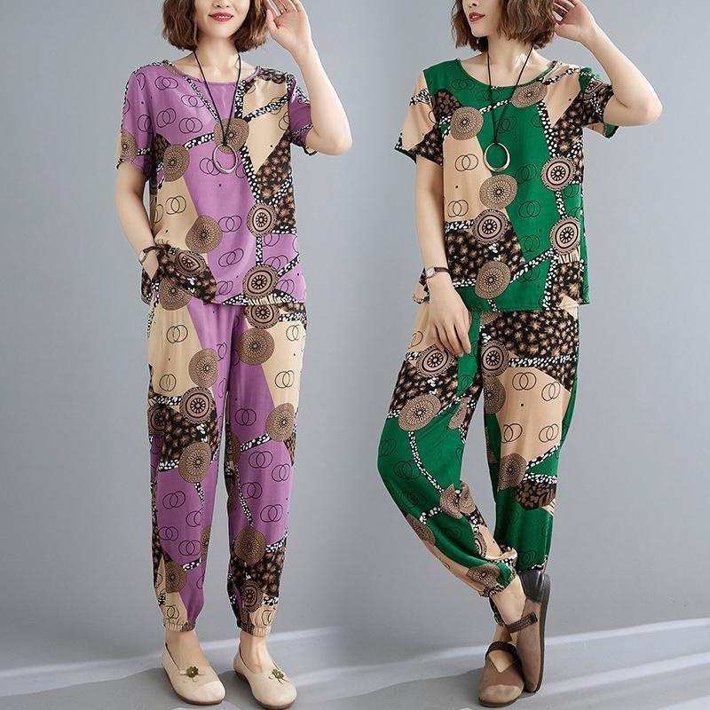 棉绸套装女时尚外穿夏季两件套妈妈休闲显瘦民族风潮流大码人造棉