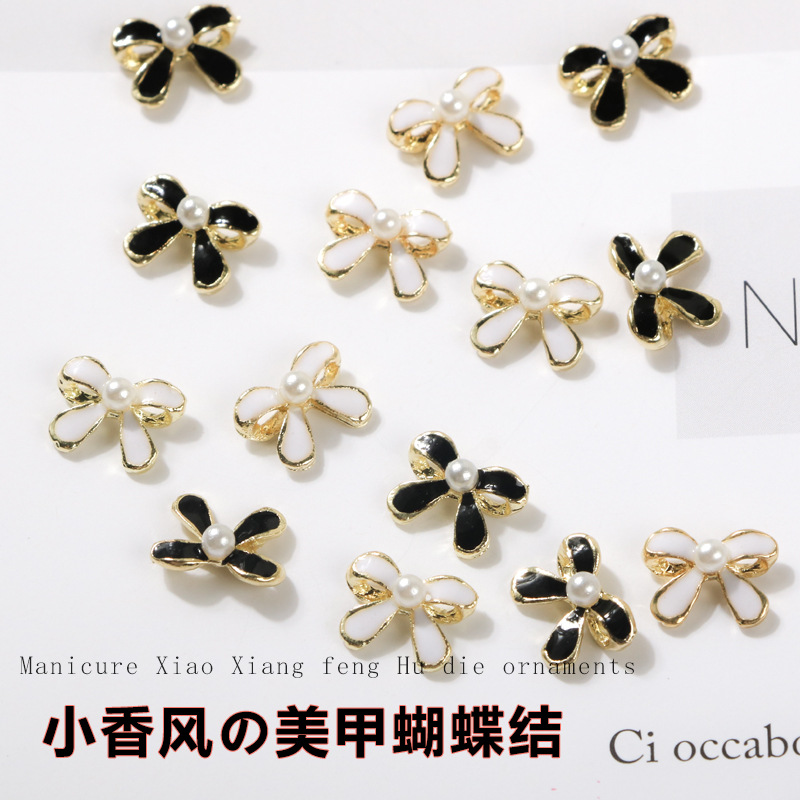 Bow Nail Ornament Black and White Classic Style 2022 New Baroque Pearl Nail Diamond Net Popular