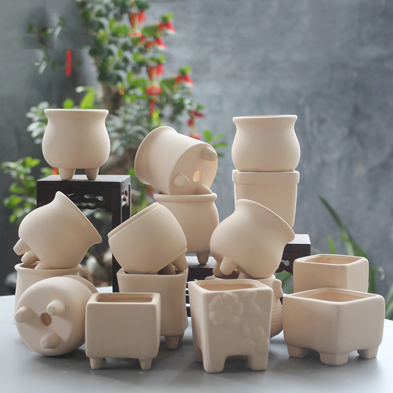 粗陶素烧陶瓷花盆diy手绘多肉拇指盆简约白陶儿童创意画画多肉盆