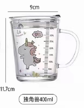 Cartoon Glass Cup Cup with Straw Household Children Milk Water Glass 400ml with Handle Scaled Cup Cup