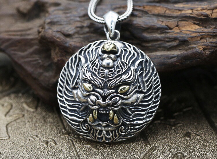 【一件代发】s925纯银挂件男士个性霸气神兽貔貅圆牌 泰银吊坠