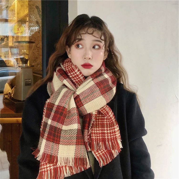 2022 South Korea Dongdaemun Double-Sided Plaid Knitted Warm Vintage Christmas Scarf Women's Autumn and Winter Cashmere Ins