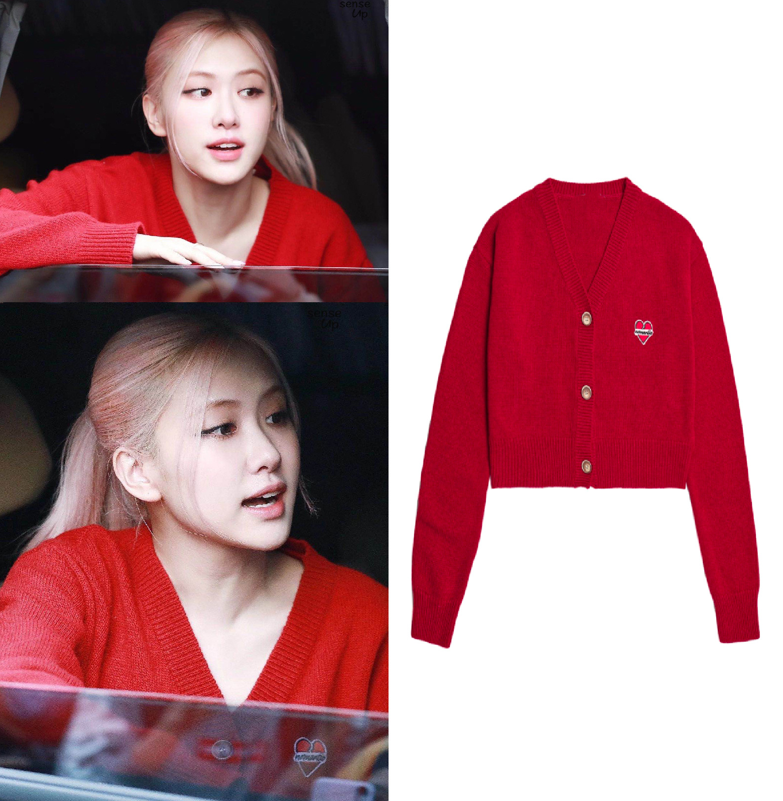 21年新款朴彩英rose同款韩国v领刺绣红色长袖短款针织开衫毛衣女