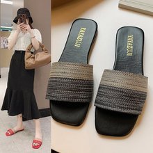 凉拖鞋2025新款印花平底一字拖鞋大码43沙滩拖外穿女方头女拖鞋
